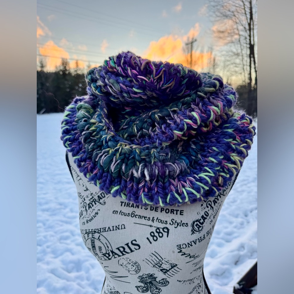 Hand Knit Chunky Infinity Scarf • One-of-a-Kind Wool Blend • Purple Teal Wrap